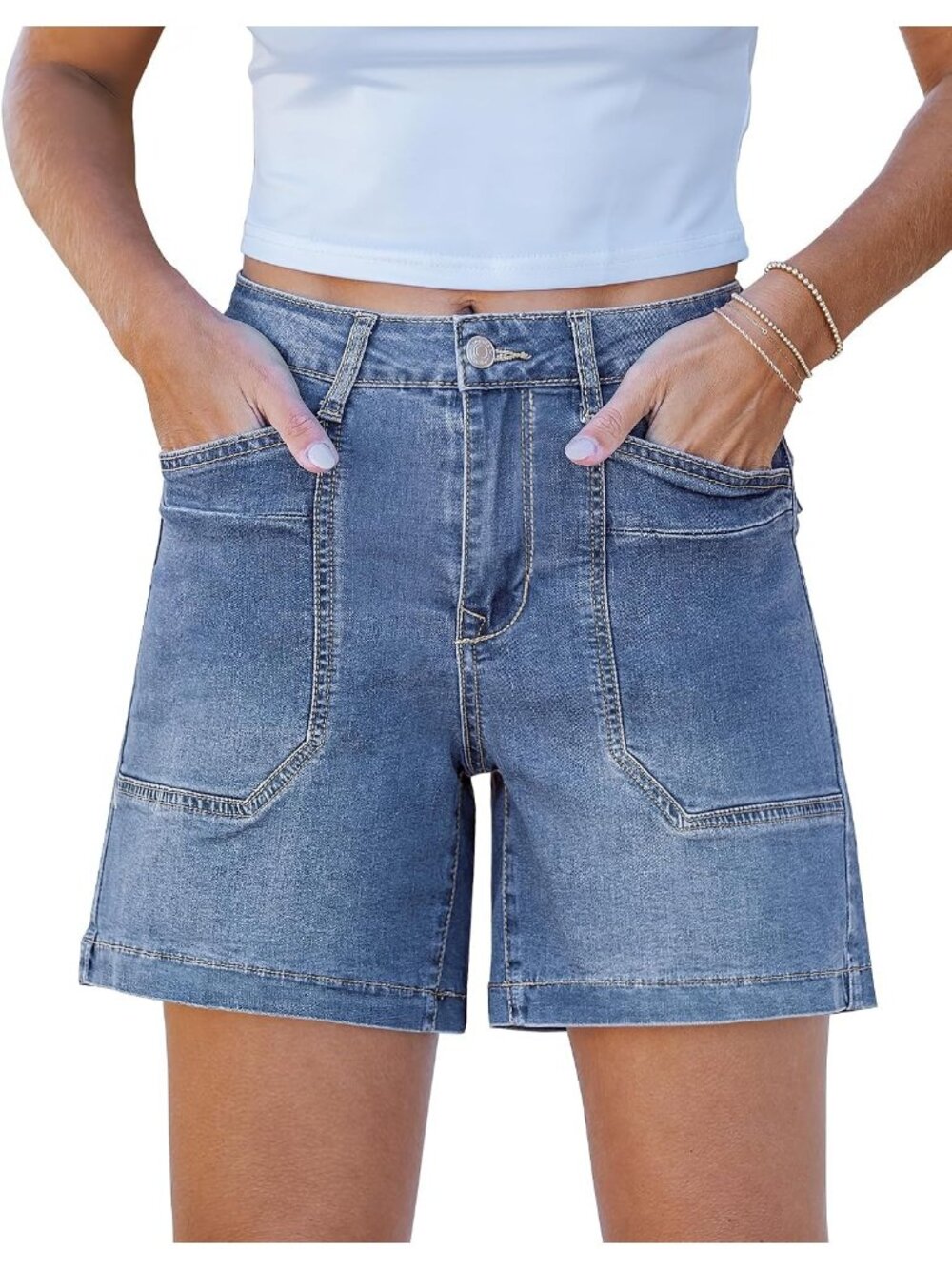 Women's Blue Trendy Mid Rise Summer Jorts Stretchy Denim Shorts with Pockects